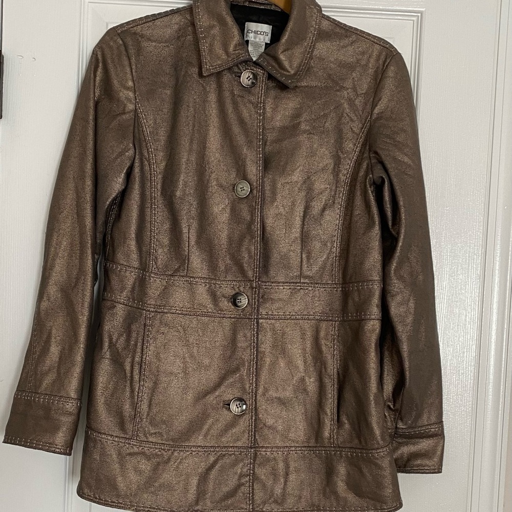 Chicos Faux Leather Short Trench Coat Jacket Burnished Silver Metallic Size 4